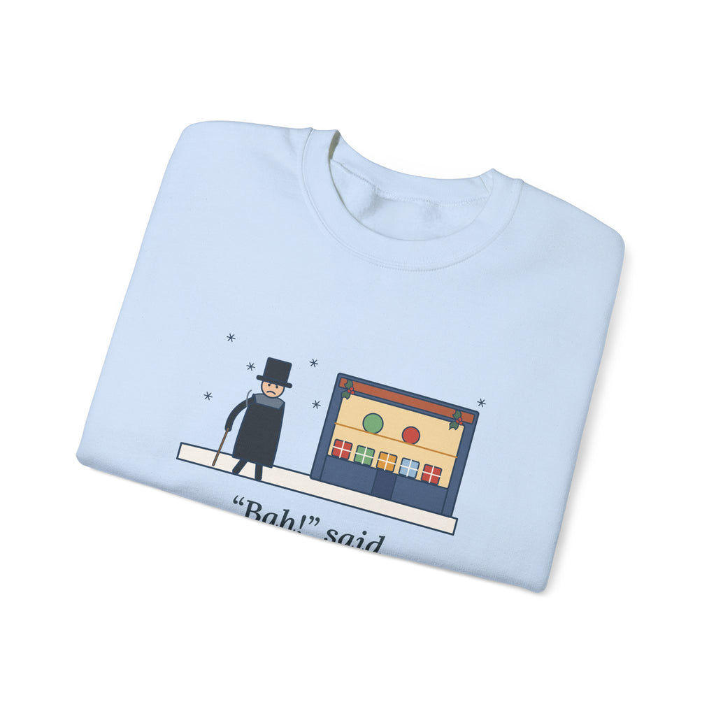 Bah Humbug Sweatshirt, Christmas Dickens Quote Crewneck with Snowy Shop Window