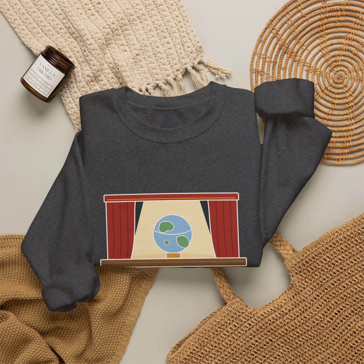 All the World's a Stage Sweatshirt, Theatre Shakespeare Quote Crewneck with Globe on Stage