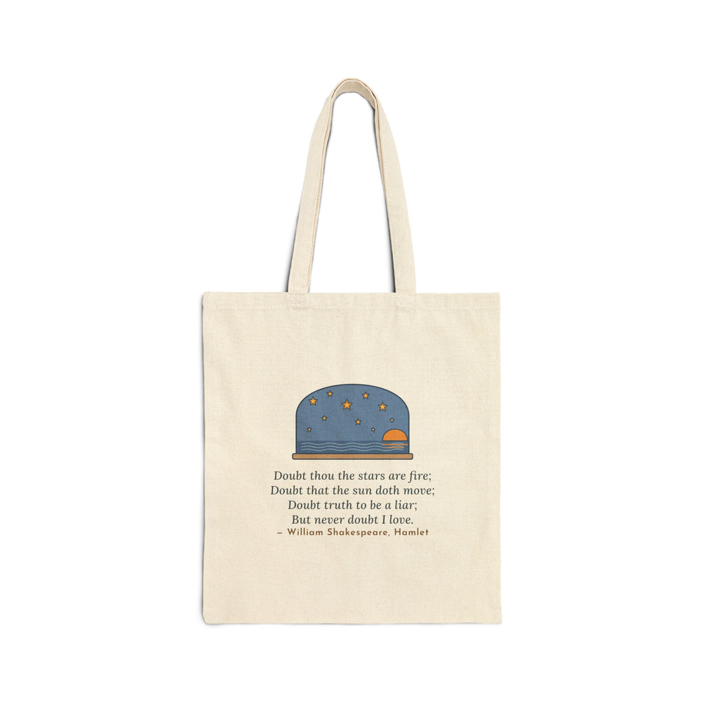 But Never Doubt I Love Tote Bag, Love Shakespeare Quote Tote with Fiery Stars at Sea