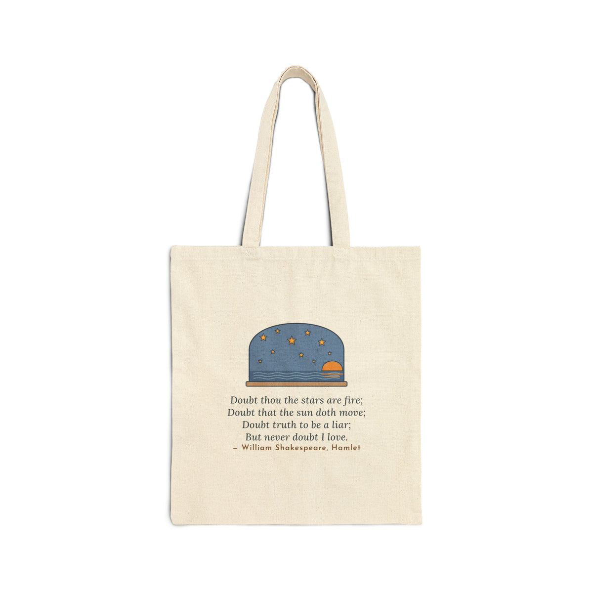 But Never Doubt I Love Tote Bag, Love Shakespeare Quote Tote with Fiery Stars at Sea