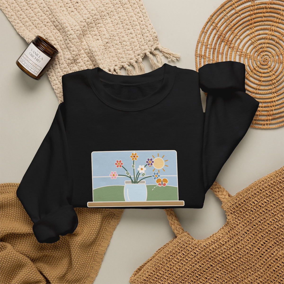 A Thing of Beauty Is a Joy Forever Sweatshirt, Nature John Keats Quote Crewneck with Wildflower Jar