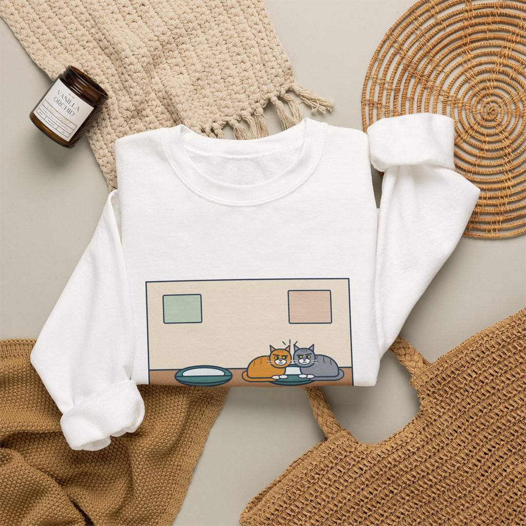 Two Cats Sweatshirt, Two Identical Beds, Both Cram into the Same One and Glare, Funny Bed Standoff Crewneck