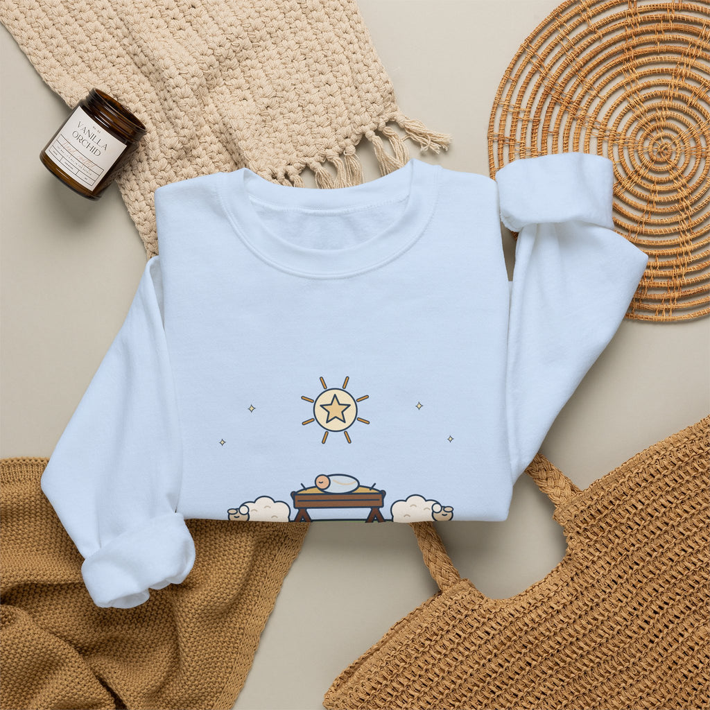 Away in a Manger Sweatshirt, Christmas Anonymous Quote Crewneck with Manger and Lambs
