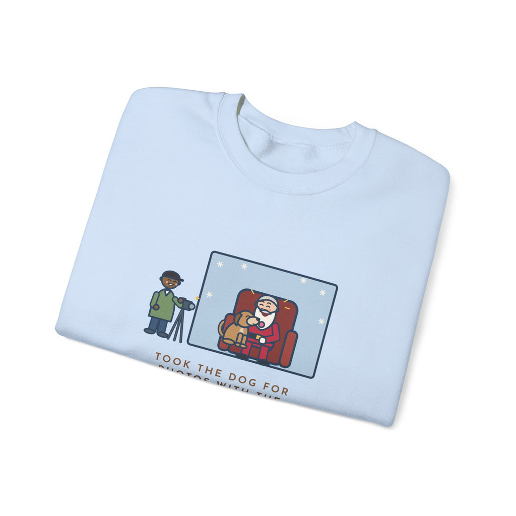 Holiday Photo Sweatshirt, Took the Dog for Photos with the Man in the Red Suit, He Licked the Beard, Funny Photo Set Crewneck