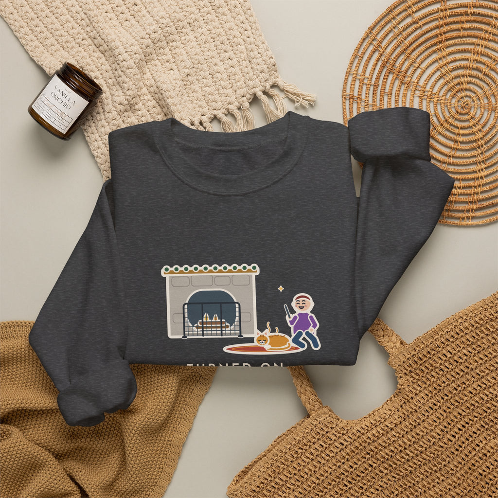 Fireplace Cat Sweatshirt, Turned On the Fireplace, The Cat Claimed the Warm Spot Before the Logs Caught, Funny Hearth Rug Crewneck
