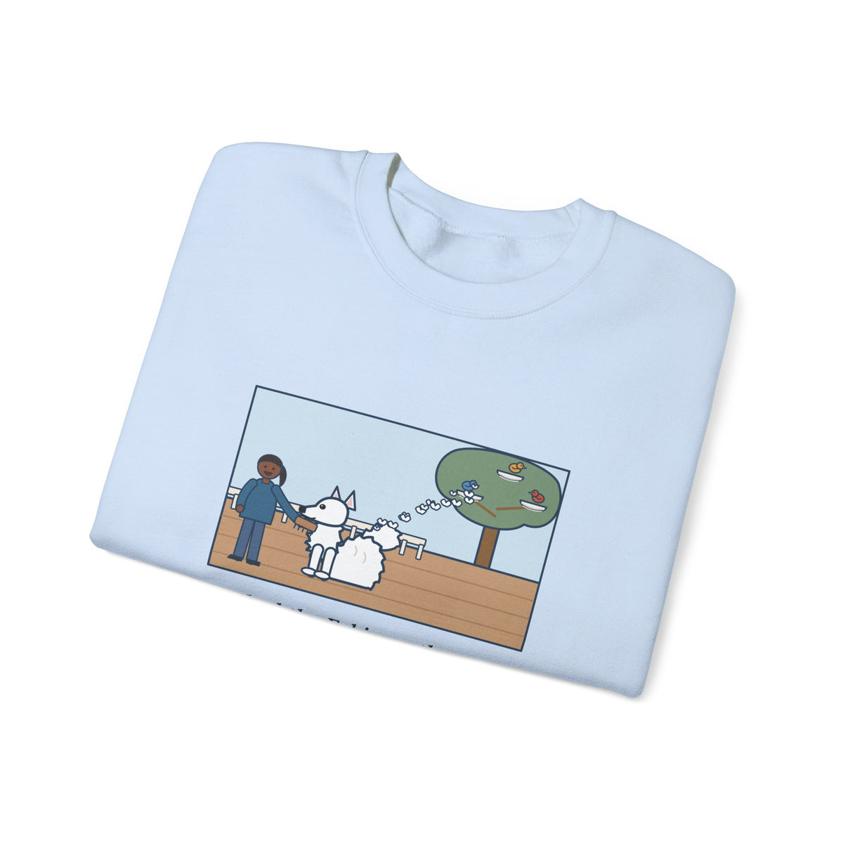American Eskimo Dog Sweatshirt, Brushed the Eskie on the Porch, The Birds Built Three Nests from It, Funny Porch Brushing Crewneck
