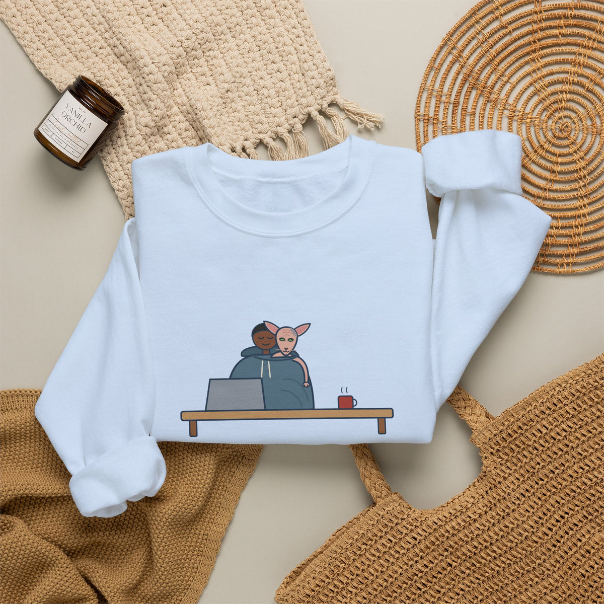 Peterbald Cat Found the Warmest Spot Crewneck Sweatshirt - Funny Hairless Cat Lover Gift