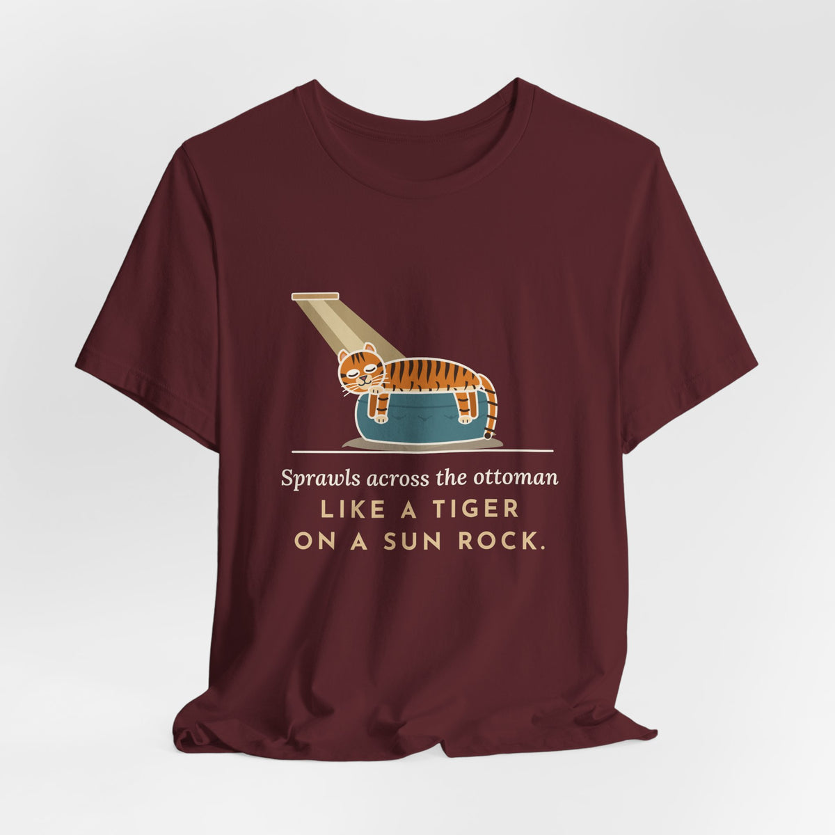 Tiger-Striped Cat T-Shirt - Sprawls Across the Ottoman Like a Tiger on a Sun Rock Striped Cat Tee