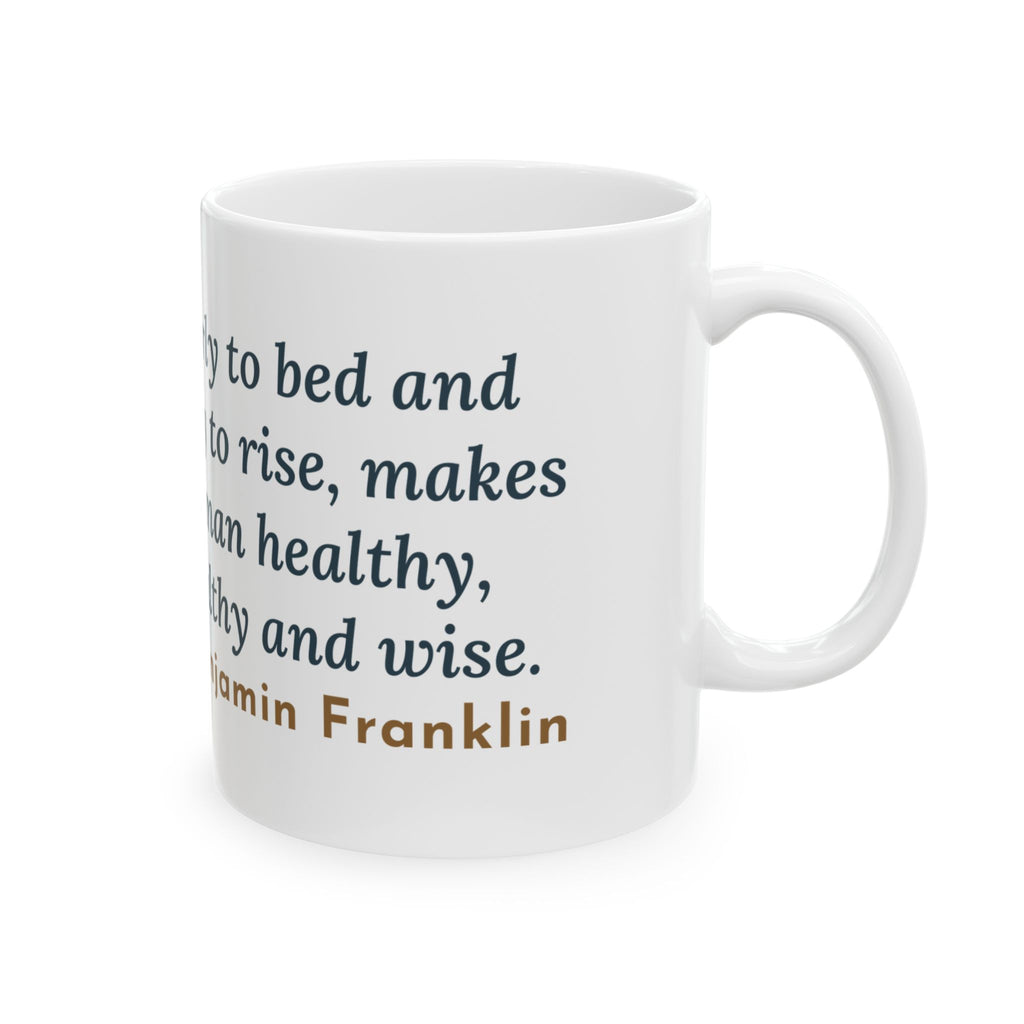 Franklin Wisdom Quote Mug, Early to Bed and Early to Rise, Early Riser Moon and Rooster Coffee Mug 11oz