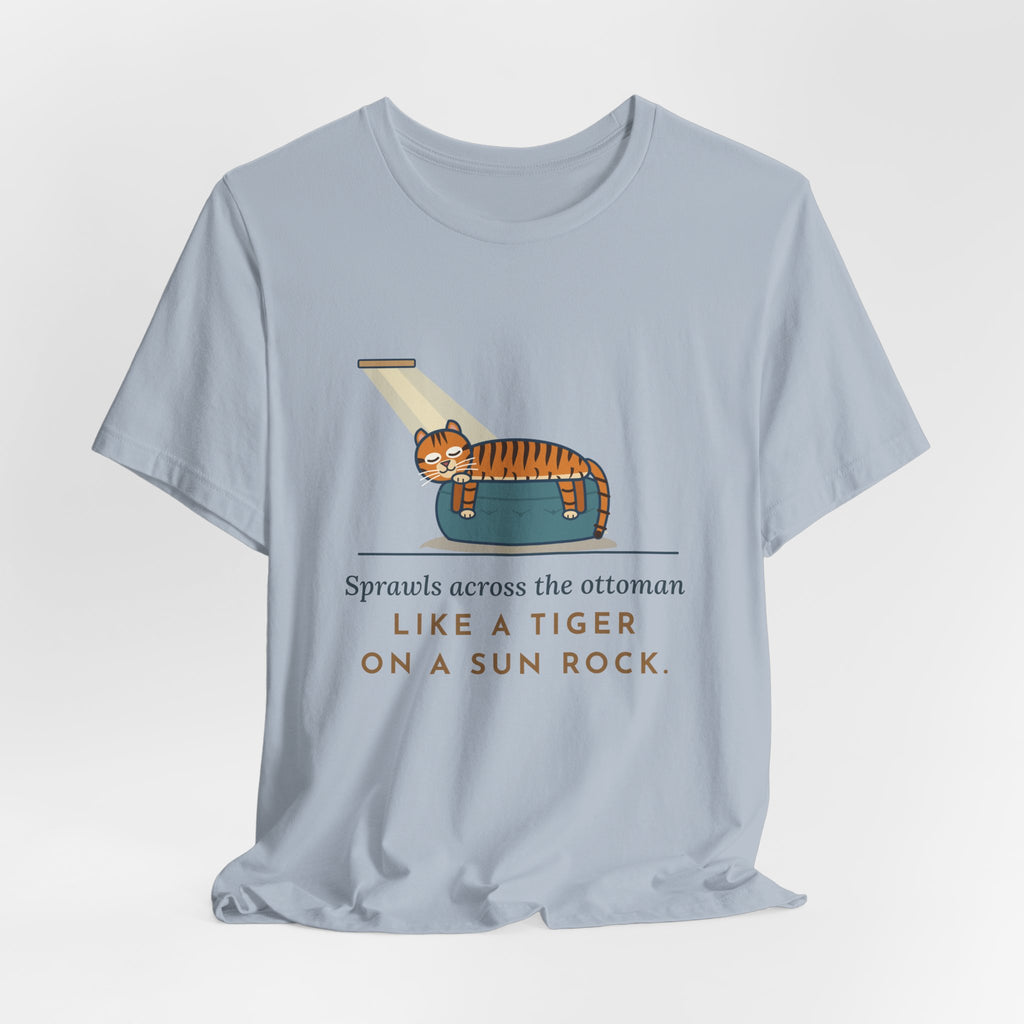 Tiger-Striped Cat T-Shirt - Sprawls Across the Ottoman Like a Tiger on a Sun Rock Striped Cat Tee