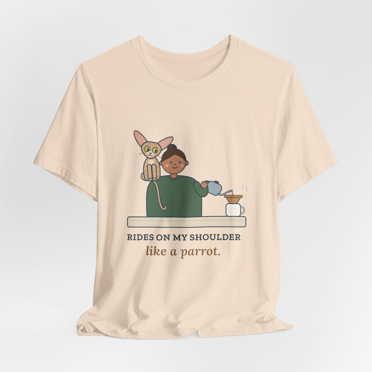 Devon Rex Cat T-Shirt - Rides on My Shoulder Like a Parrot Funny Shoulder Cat Tee