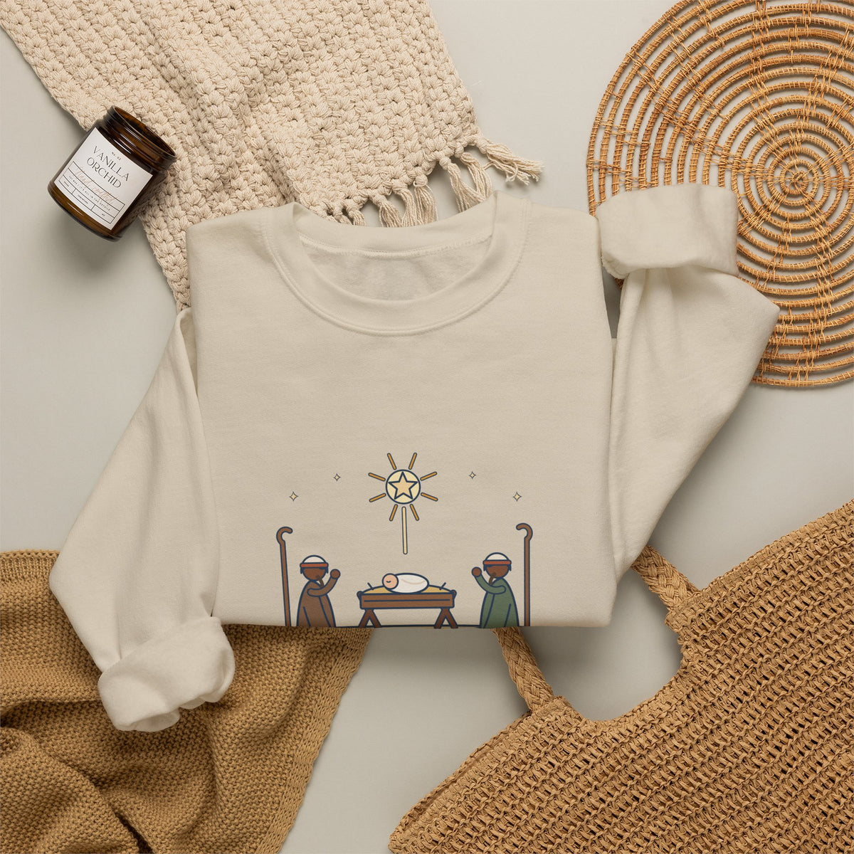 O Come, Let Us Adore him Sweatshirt, Christmas Oakeley Quote Crewneck with Woodcut Manger