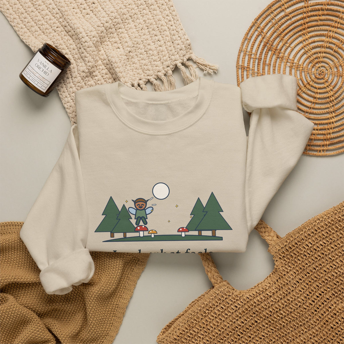 Lord, What Fools These Mortals Be Sweatshirt, Whimsical Shakespeare Humor Quote Crewneck with Mushroom Sprite