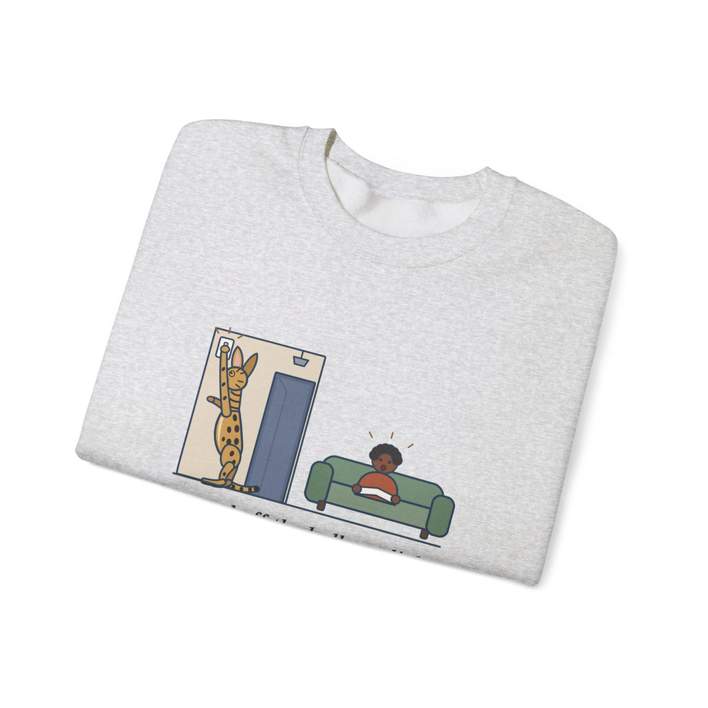 Serengeti Cat Crewneck Sweatshirt - Long-Legged Spotted Cat at the Light Switch