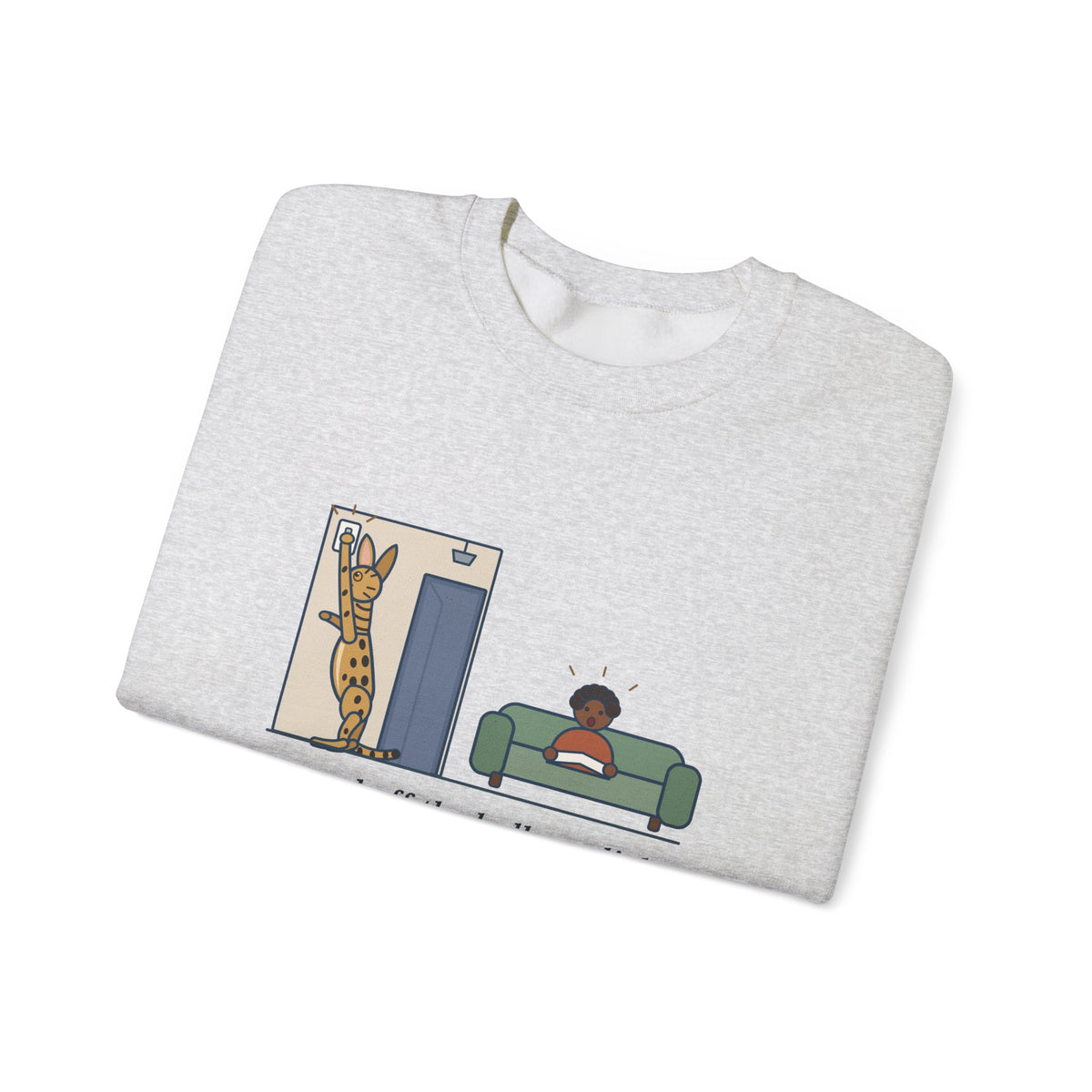 Serengeti Cat Crewneck Sweatshirt - Long-Legged Spotted Cat at the Light Switch