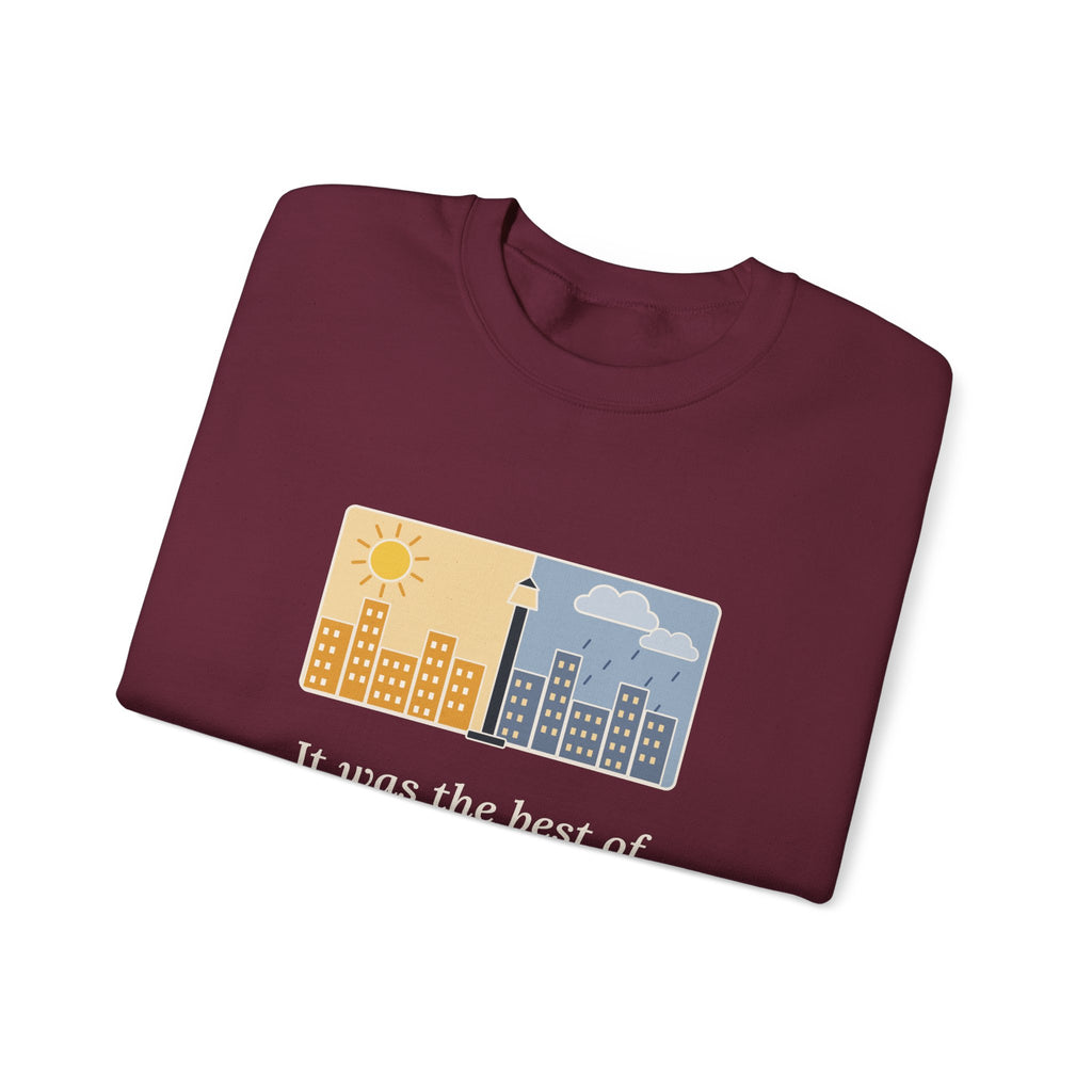 It Was the Best of Times, It Was the Worst of Times Sweatshirt, Literary Dickens Quote Crewneck with Split Skyline