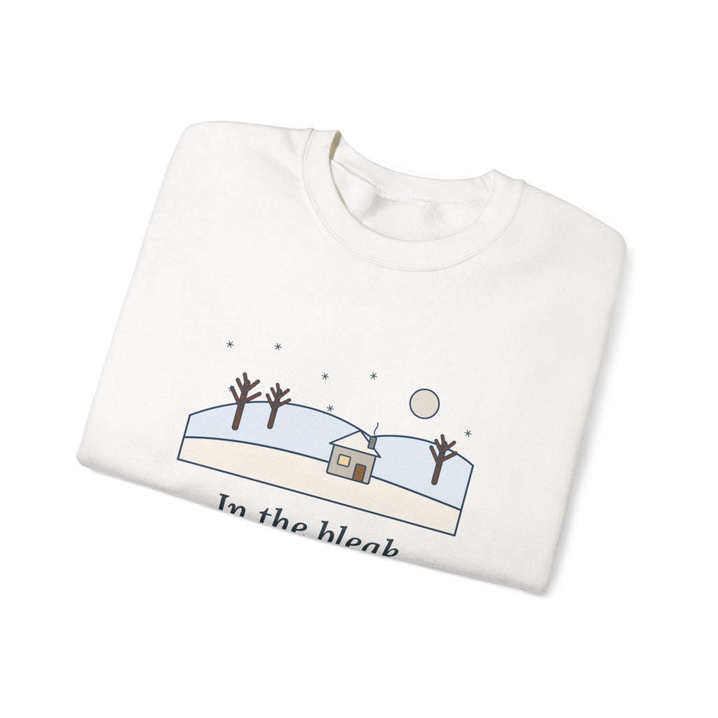 In the Bleak Mid-Winter Sweatshirt, Winter Rossetti Quote Crewneck with Snowy Cottage Hill