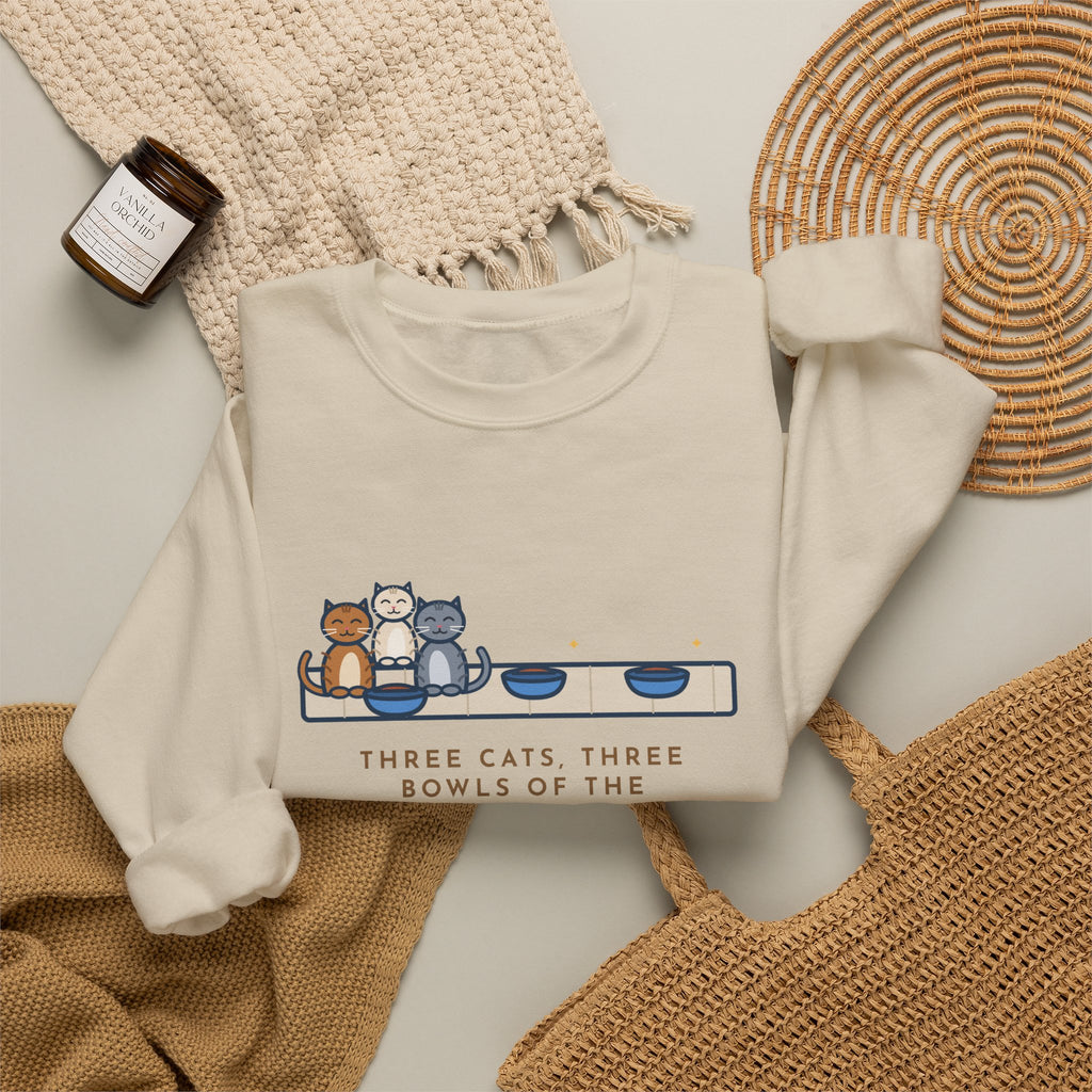 Three Cats Sweatshirt, Three Bowls of the Same Food, Every Cat Wants the One on the Left, Funny Kitchen Floor Crewneck