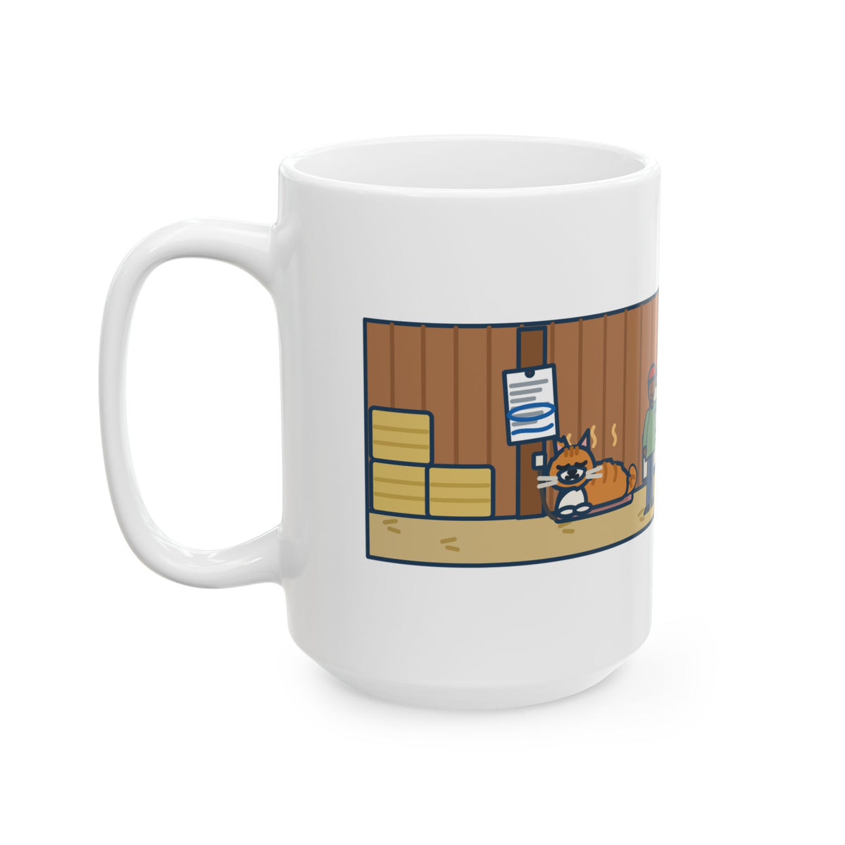 Showed Up in May, Now He Has a Heated Bed and His Name on the Feed Bill 15oz Mug, Large Funny Barn Cat Coffee Mug