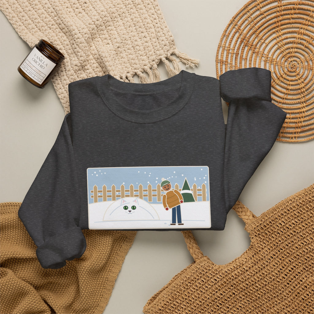 White Cat Sweatshirt, In the Snow, Found Her by the Pink Nose and the Green Eyes, Funny Snowy Backyard Crewneck