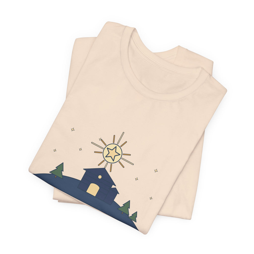 Cappeau Quote T-Shirt, The Stars Are Brightly Shining, Christmas Star over Stable Tee