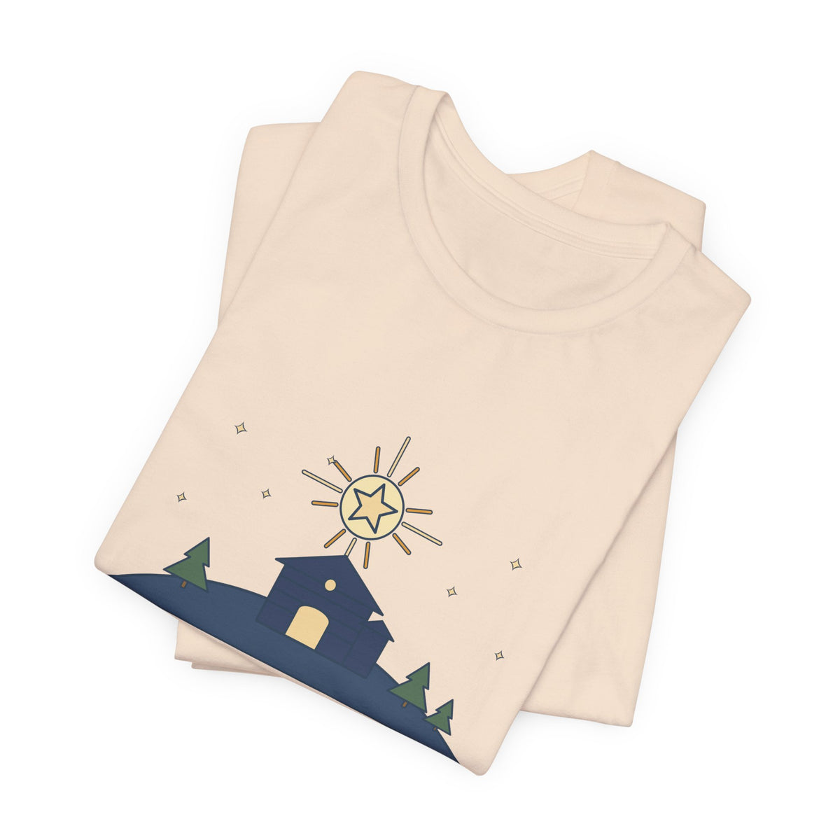 Cappeau Quote T-Shirt, The Stars Are Brightly Shining, Christmas Star over Stable Tee