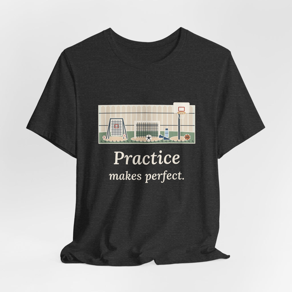 Practice Makes Perfect T-Shirt, Youth Sports Proverb Tee with Backyard Practice
