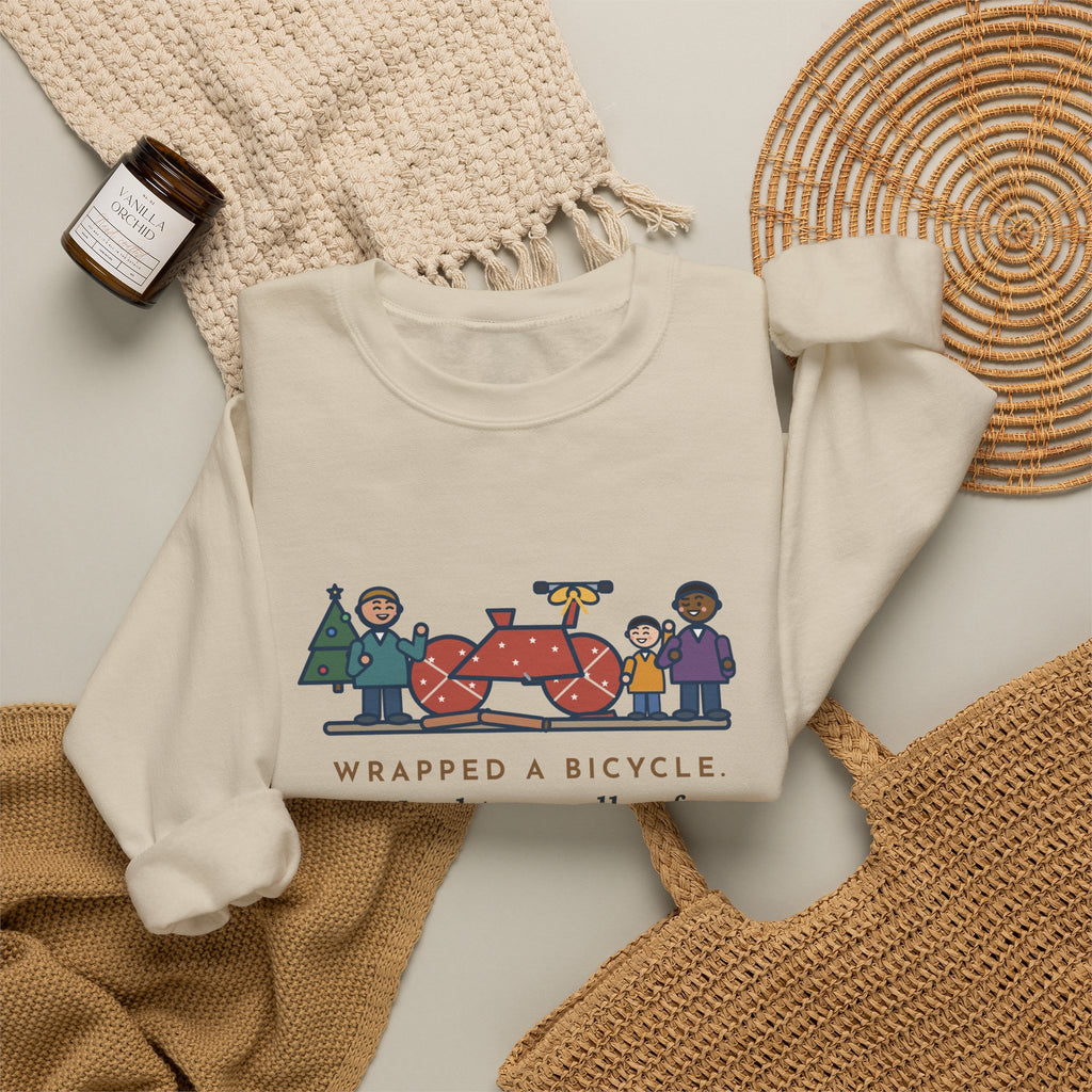 Christmas Gift Sweatshirt, Wrapped a Bicycle with Two Rolls of Paper, Everyone Still Knew, Funny Christmas Morning Crewneck