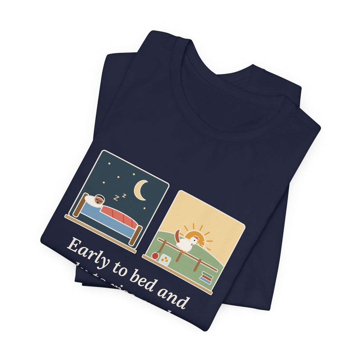 Franklin Wisdom Quote T-Shirt, Early to Bed and Early to Rise, Early Riser Moon and Rooster Tee