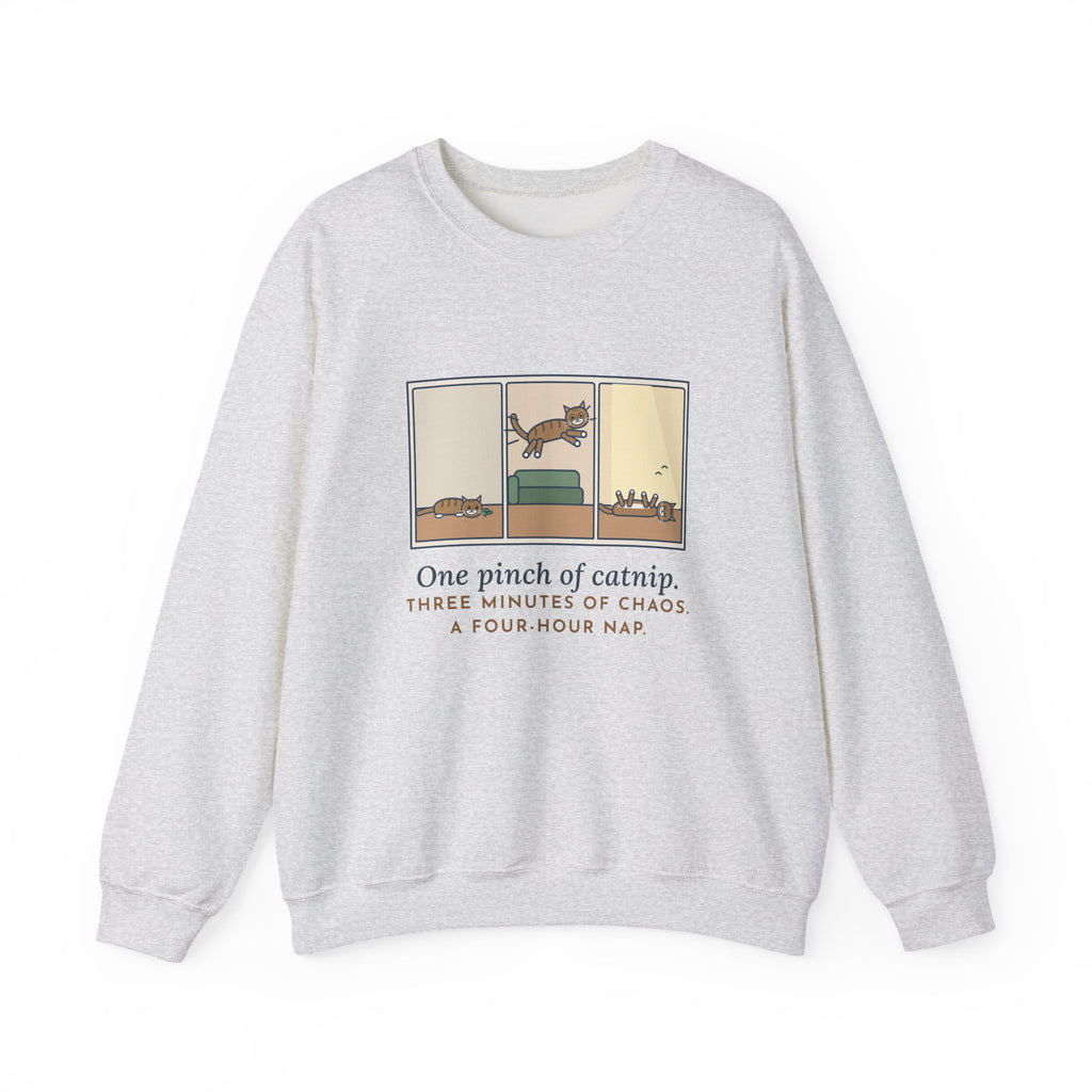 Catnip Sweatshirt, One Pinch, Three Minutes of Chaos, a Four-Hour Nap, Funny Three Panels Crewneck