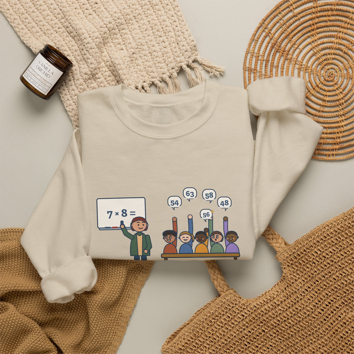4th Grade Teacher Crewneck Sweatshirt - Seven Times Eight, Thirty Hands Up, Thirty Answers