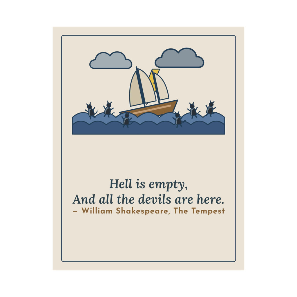 Shakespeare Quote Poster, Hell Is Empty and All the Devils Are Here, Dark Humor Stormy Ship Wall Art