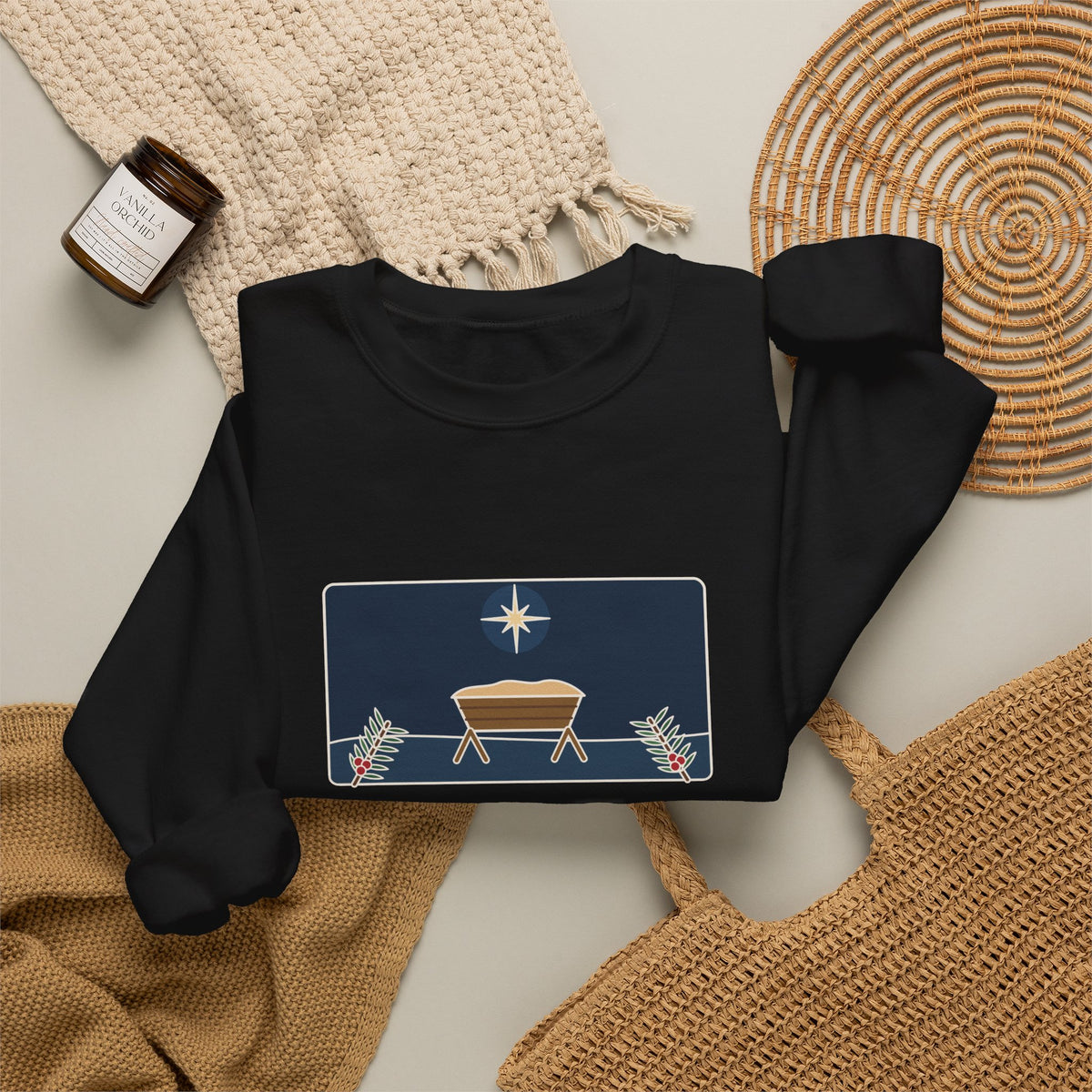 For Unto Us a Child Is Born Sweatshirt, Christmas Isaiah 9:6 Quote Crewneck with Empty Manger Star