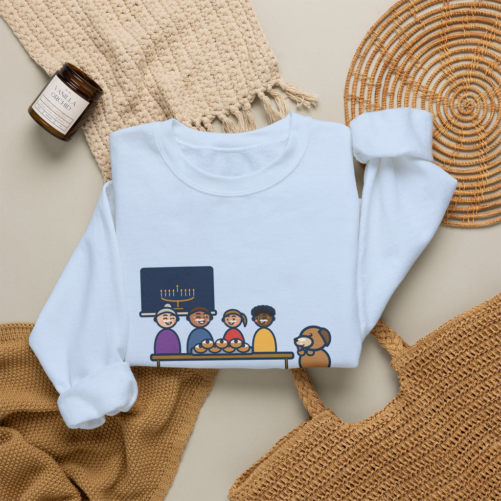 Hanukkah Sweatshirt, One Tray of Jelly Doughnuts, Powdered Sugar on Every Face, the Dog's Too, Funny Sugar Mustaches Crewneck