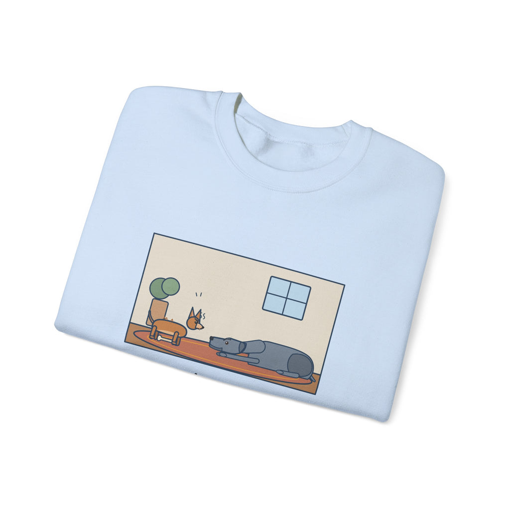 Chiweenie Sweatshirt, Ten Pounds, Guarded His Chew from a Great Dane, Funny Living Room Standoff Crewneck