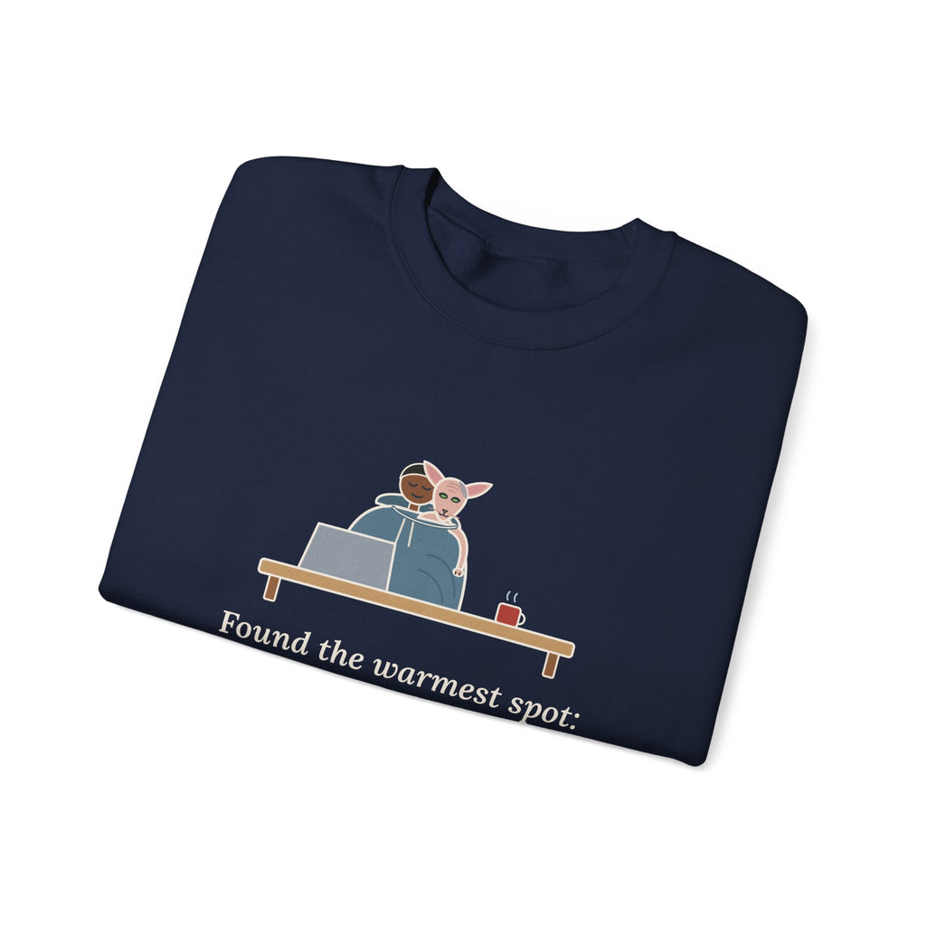 Peterbald Cat Found the Warmest Spot Crewneck Sweatshirt - Funny Hairless Cat Lover Gift