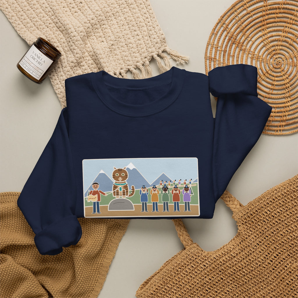Adventure Cat Sweatshirt, Took Her Up the Trail in Her Harness, Twelve Hikers Stopped for a Photo, Funny Trail Day Crewneck