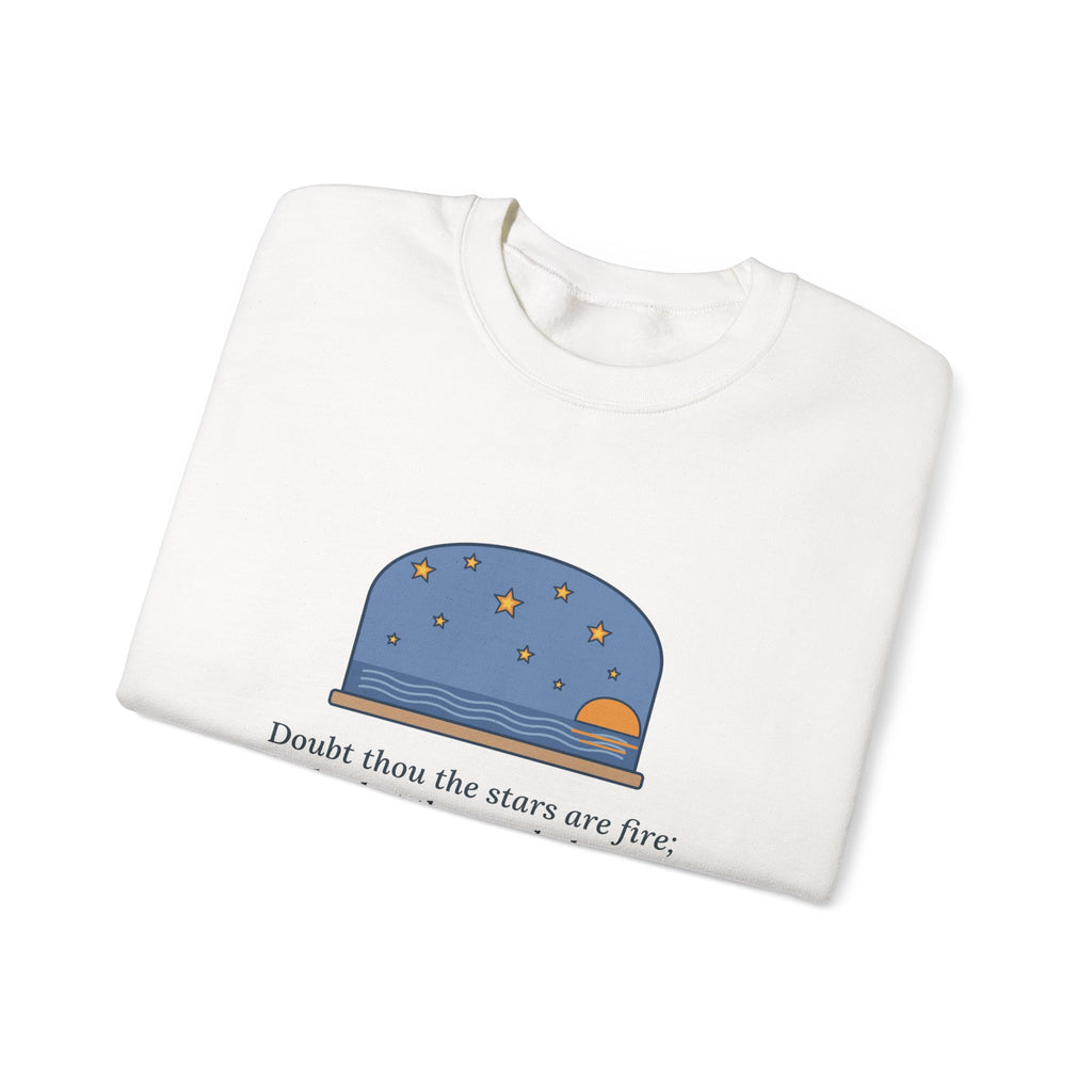 But Never Doubt I Love Sweatshirt, Love Shakespeare Quote Crewneck with Fiery Stars at Sea