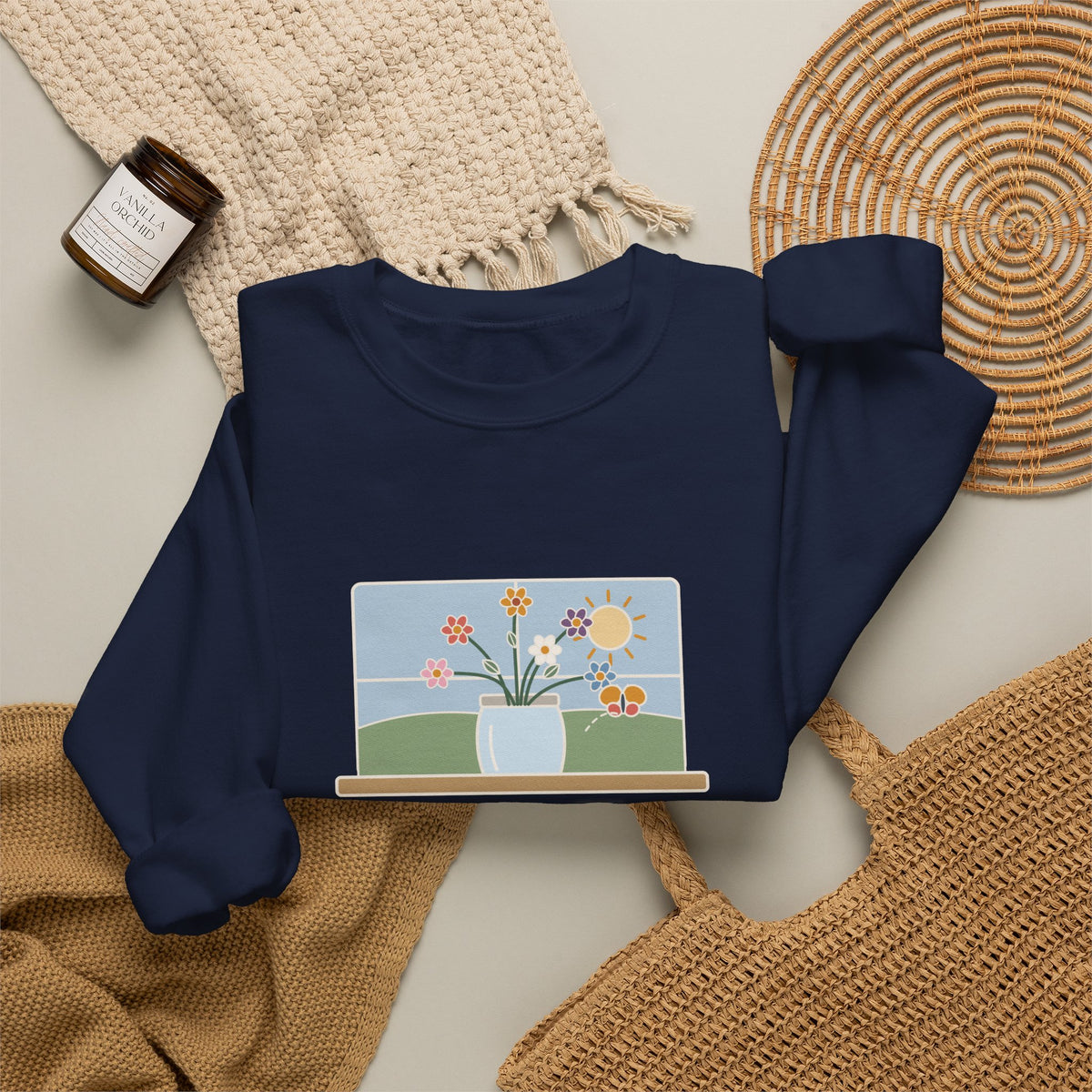 A Thing of Beauty Is a Joy Forever Sweatshirt, Nature John Keats Quote Crewneck with Wildflower Jar