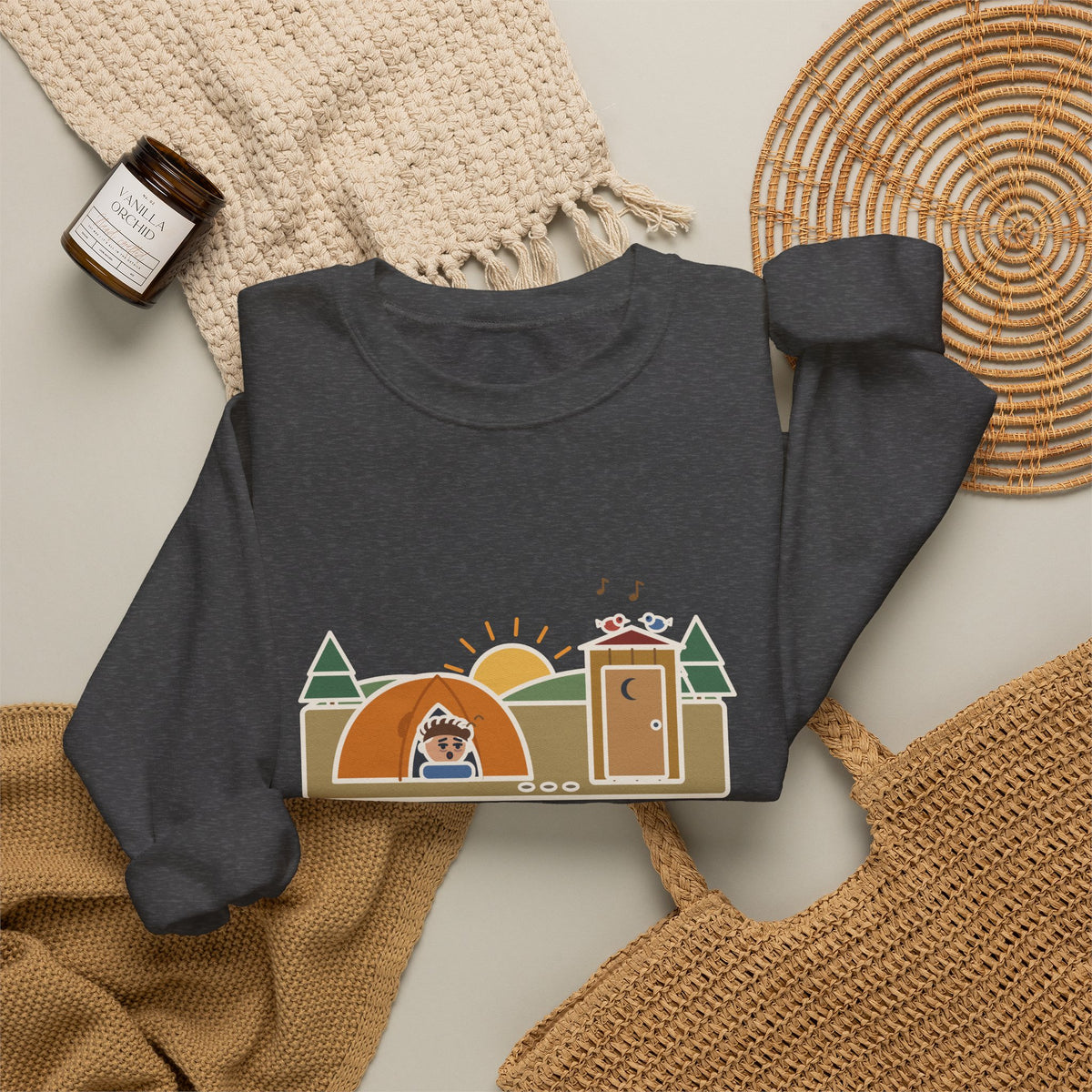 Pitched the Tent in the Dark Sweatshirt, Funny Camping Crewneck with Outhouse View