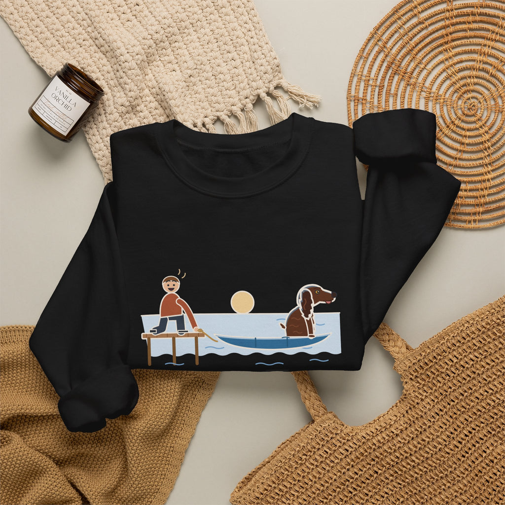 Boykin Spaniel Crewneck Sweatshirt - Seated in the Canoe Before the Rope Came Off