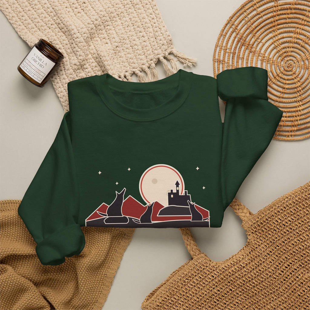 The Children of the Night Sweatshirt, Gothic Bram Stoker Quote Crewneck with Wolves and Red Moon