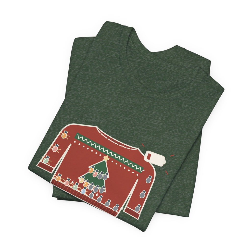 Tacky Sweater Party T-Shirt - Tackiness: 10. Battery Life: 2. Funny Christmas Lights Tee