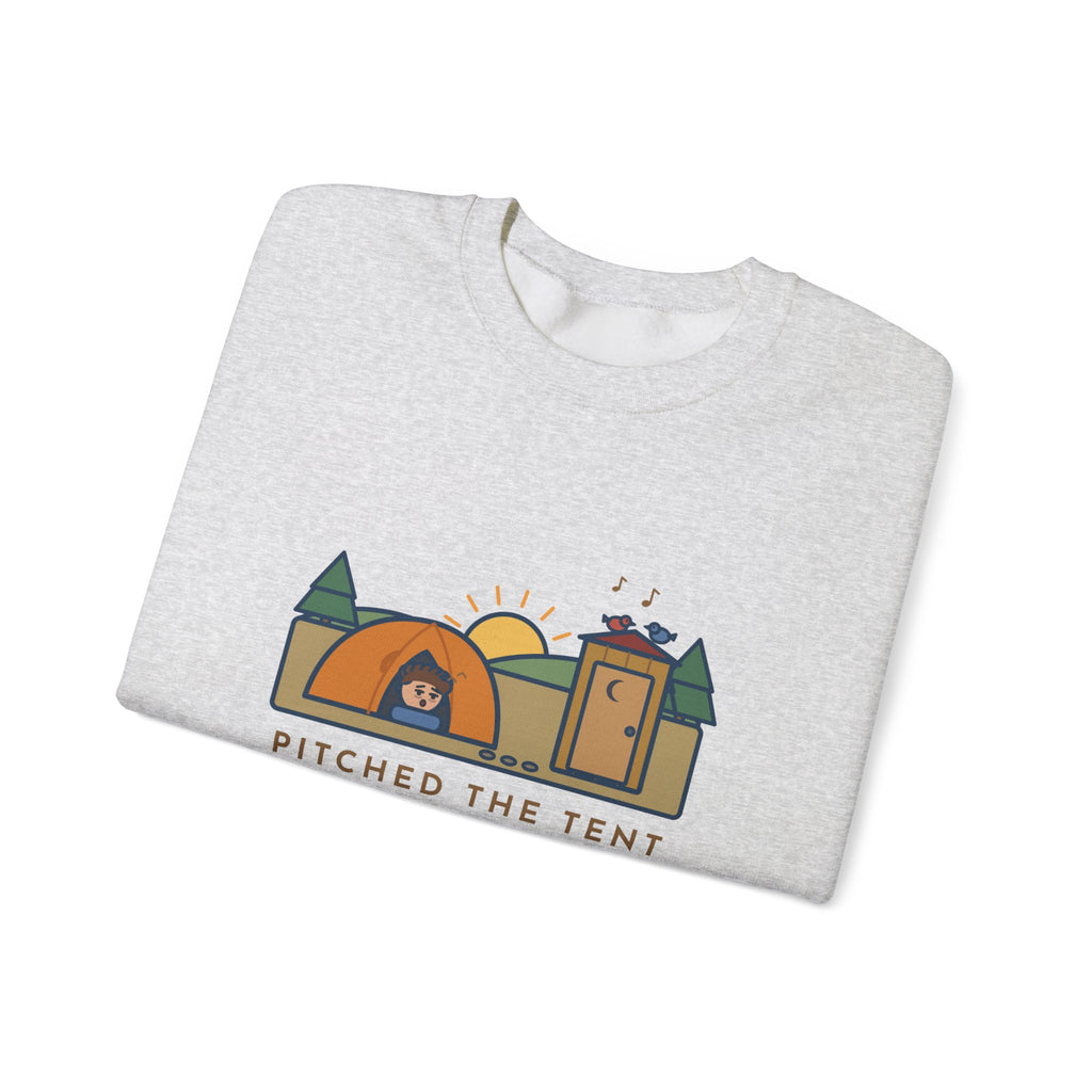 Pitched the Tent in the Dark Sweatshirt, Funny Camping Crewneck with Outhouse View