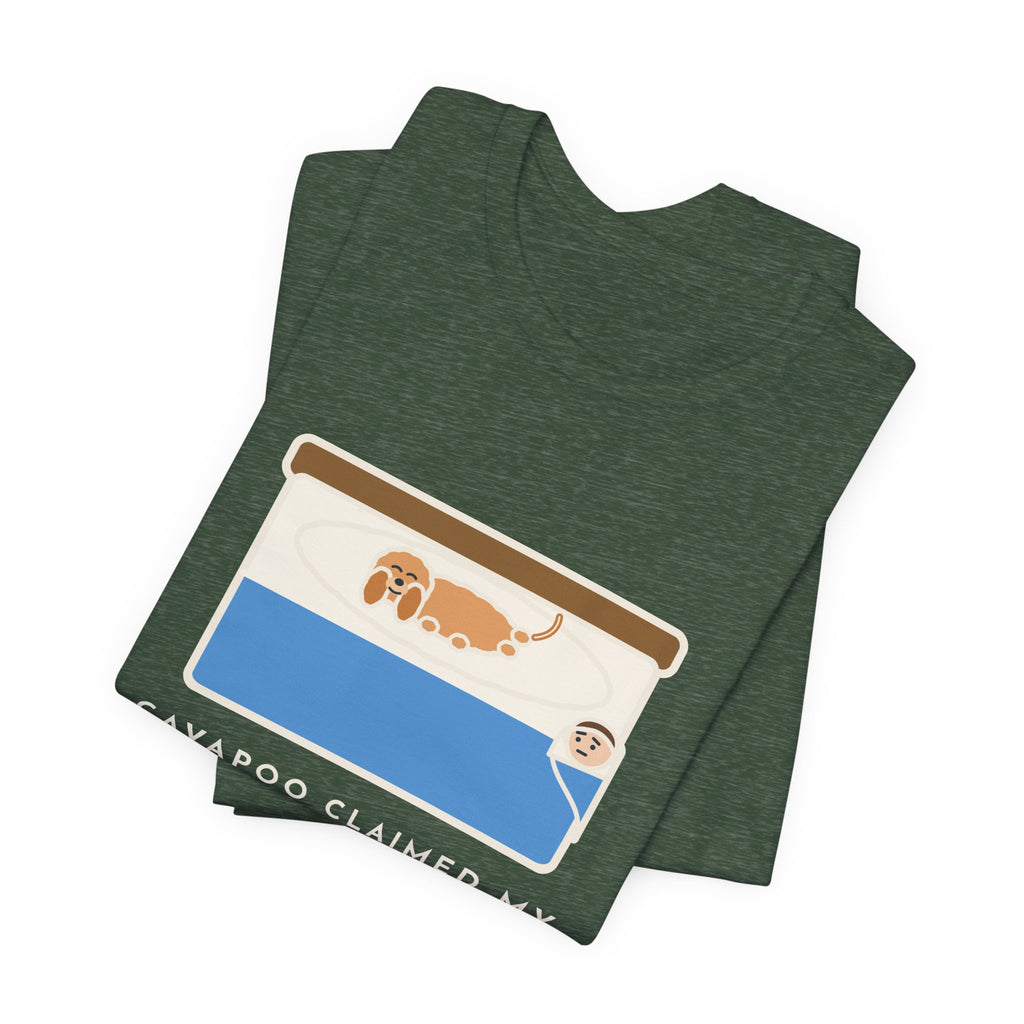 Funny Cavapoo T-Shirt, Claimed My Pillow on Night One, I Sleep on the Corner Now, Big Bed Tee
