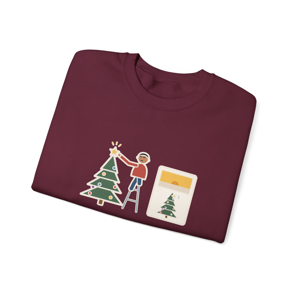 Christmas Tree Star Sweatshirt, Twenty Minutes on the Ladder Getting It Straight, Leaned Again by Morning, Funny Ladder and Star Crewneck