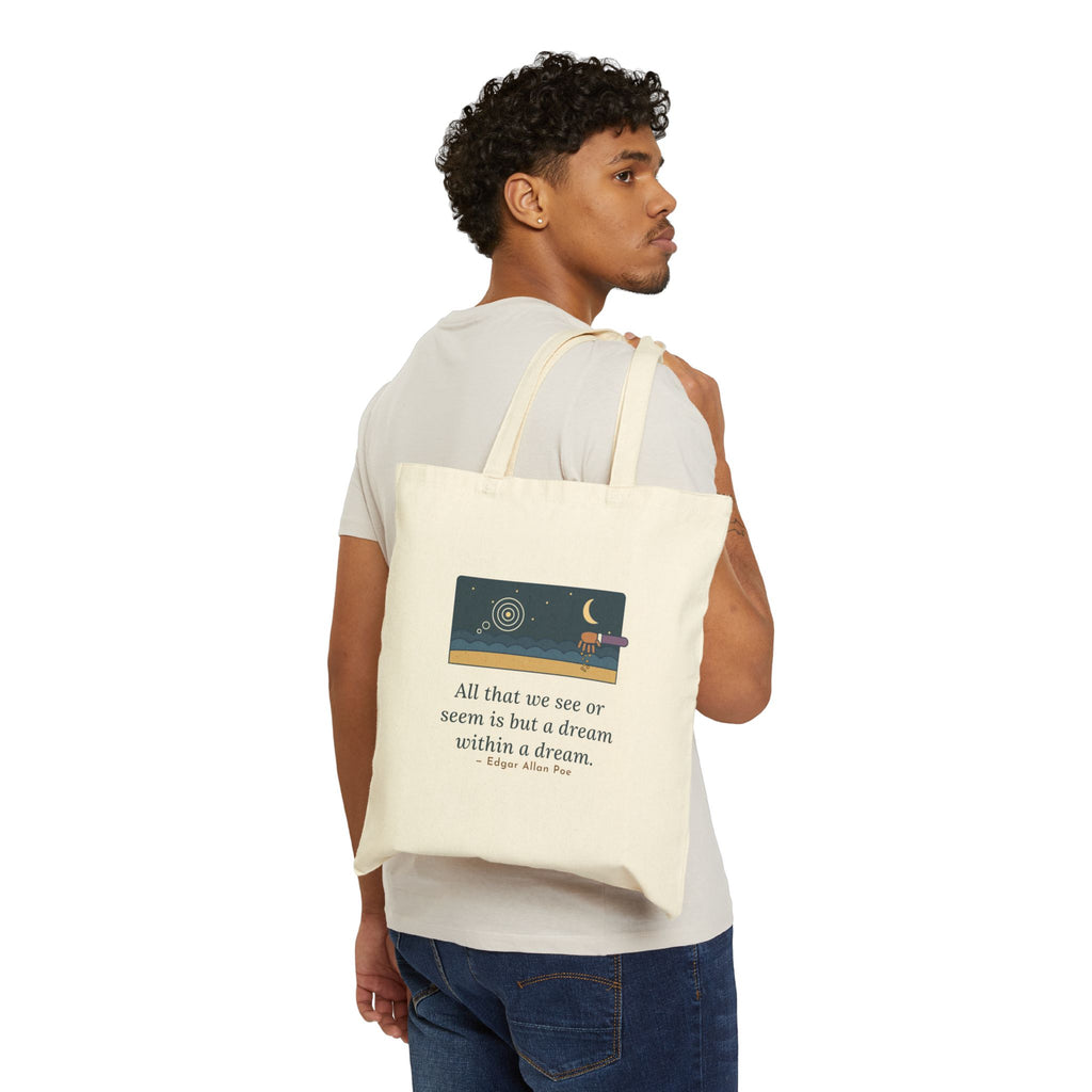 A Dream Within a Dream Tote Bag, Gothic Poe Literary Quote Tote with Moonlit Shore