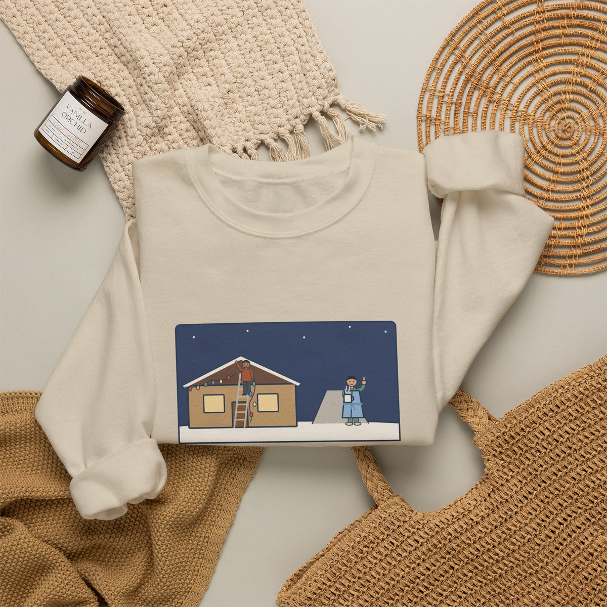 Christmas Lights Sweatshirt, Hung Them on the House, The Neighbor Supervised from His Driveway with Coffee