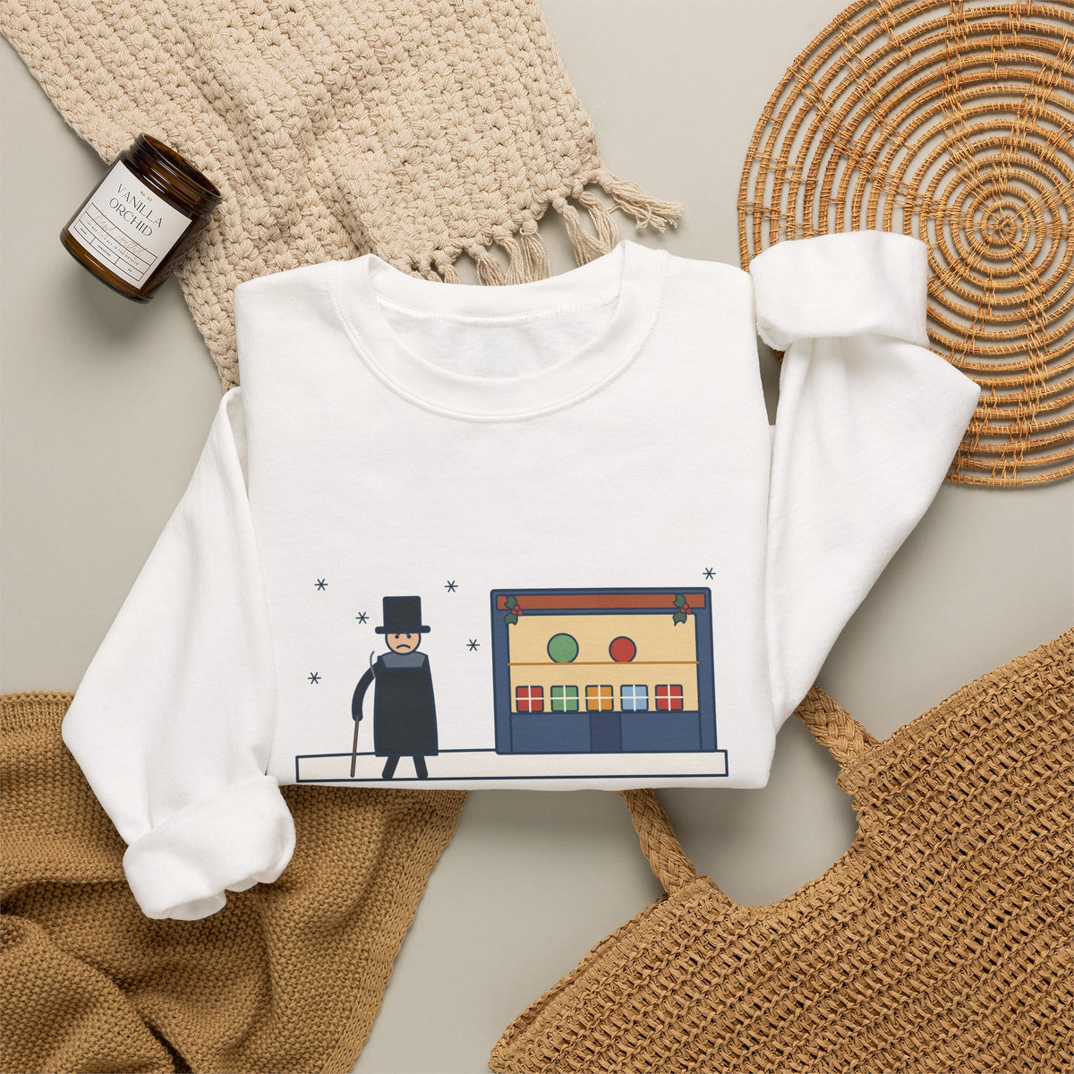 Bah Humbug Sweatshirt, Christmas Dickens Quote Crewneck with Snowy Shop Window