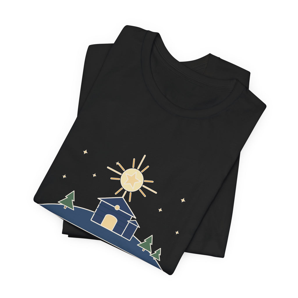 Cappeau Quote T-Shirt, The Stars Are Brightly Shining, Christmas Star over Stable Tee